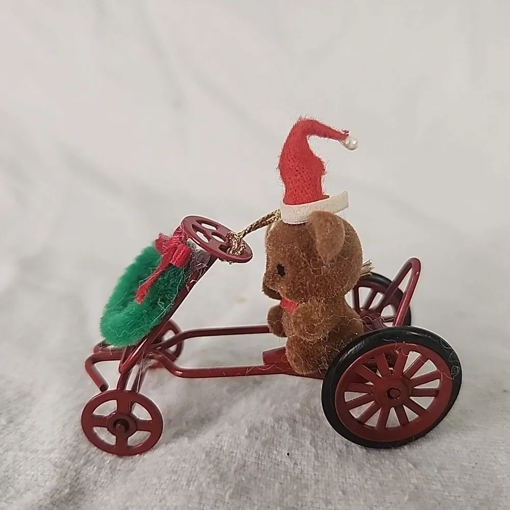 Red Metal Ornament Car With Flocked Teddy Bear & Wreath 1980’s Avon Vintage